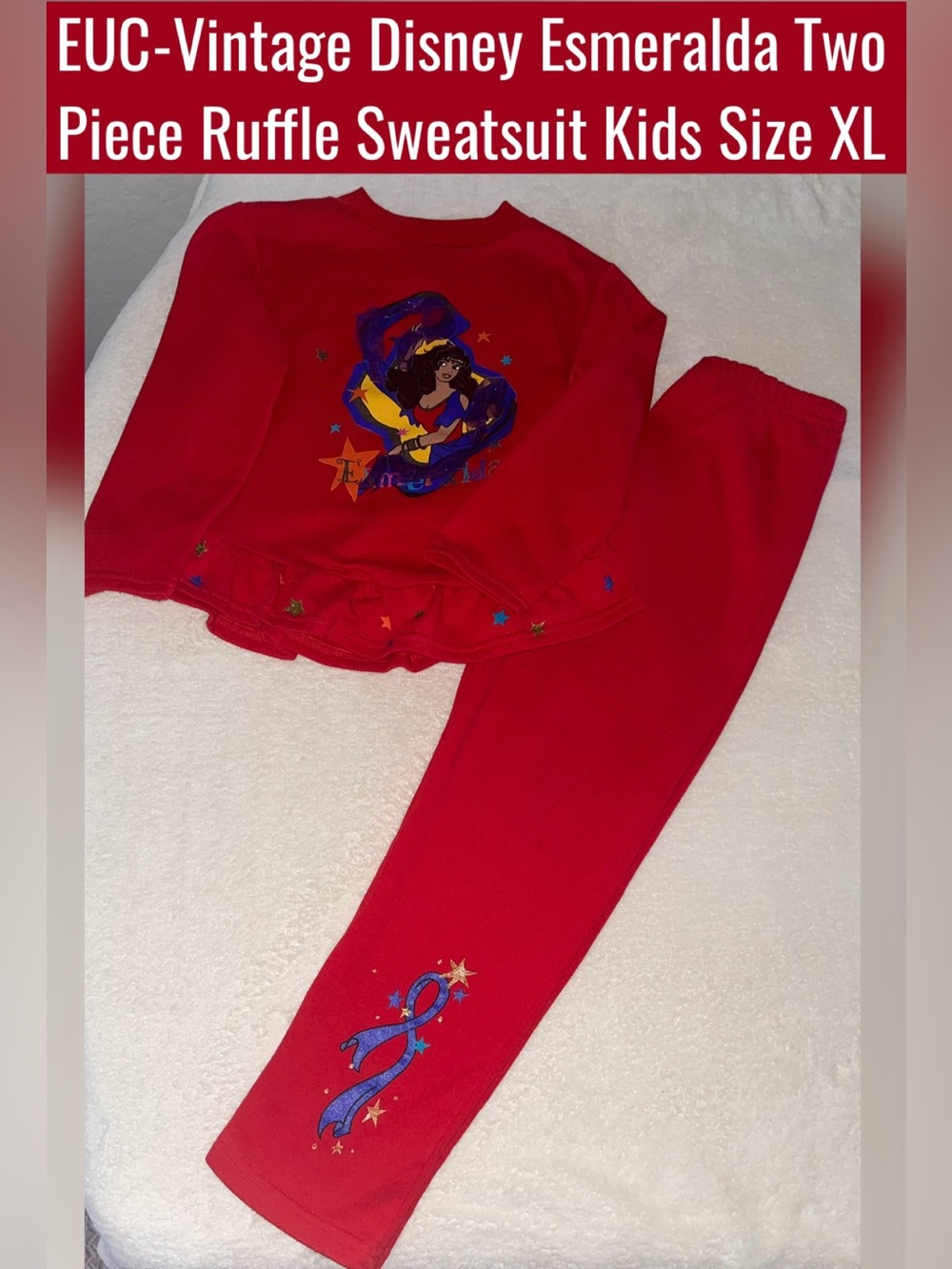 EUC-Vintage Disney Esmeralda Two Piece Ruffle Sweatsuit Kids Size XL-Rare